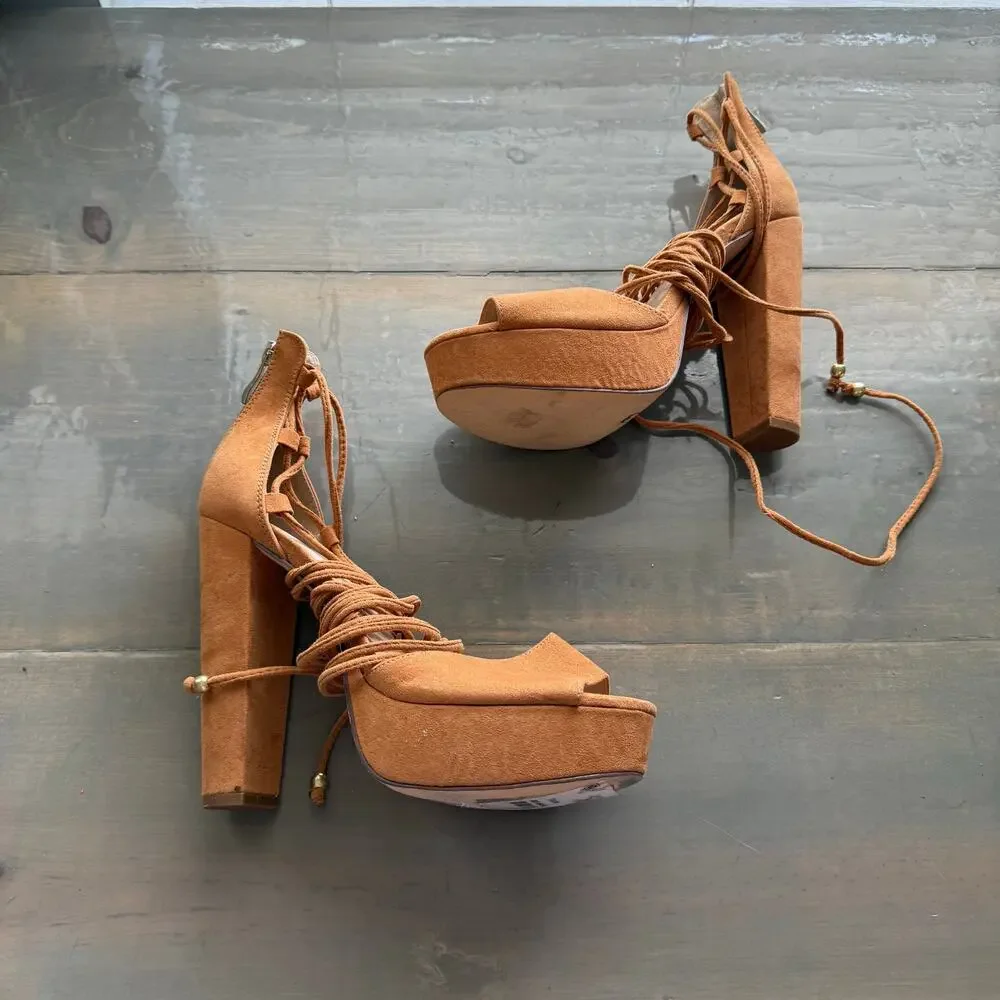 Nicole by Nicole Miller Camel Open Toe Sophia Block Heel Wedges Sz 8.5